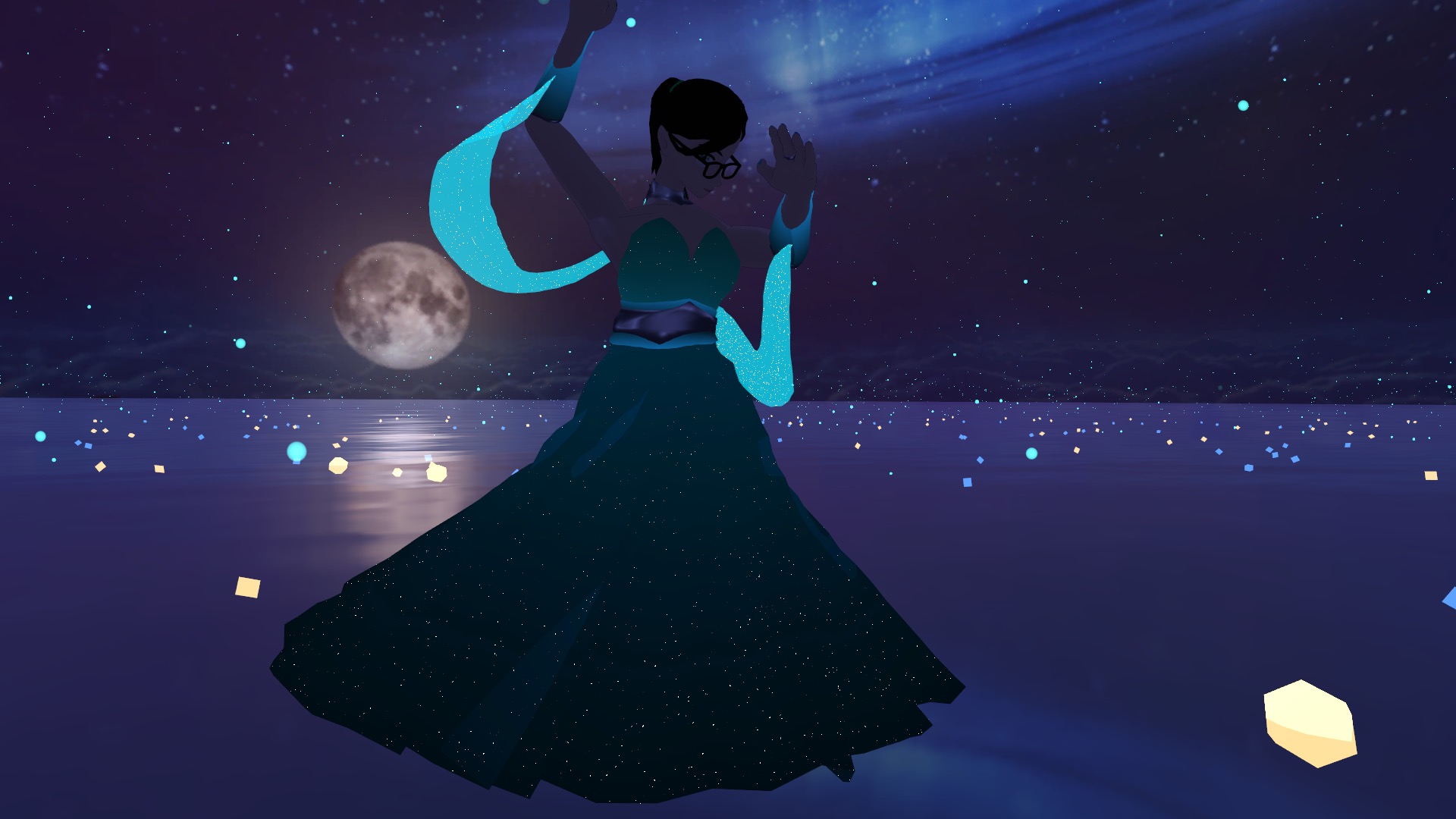 a digital avatar wearing a flowy green dress with cyan arm-tassels dances in front of of the moon in the background.